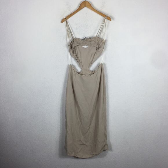 Zara Cream Cut Out Midi Dress Large Smocked Sleeveless Summer Lightweight - Picture 11 of 12